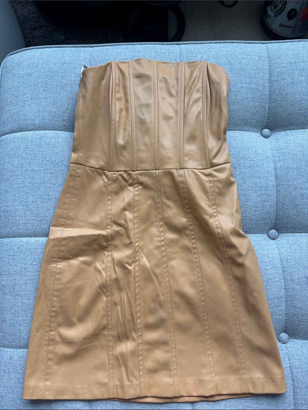 Zara Strapless Faux Leather Mini Dress in Camel